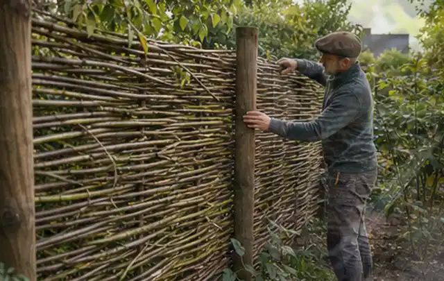 Person befestigt geflochtene Weidenruten an stabilen Holzpfosten im Garten; Thema Garten am Neubau, Schwerpunkt Anleitung; Umsetzung.