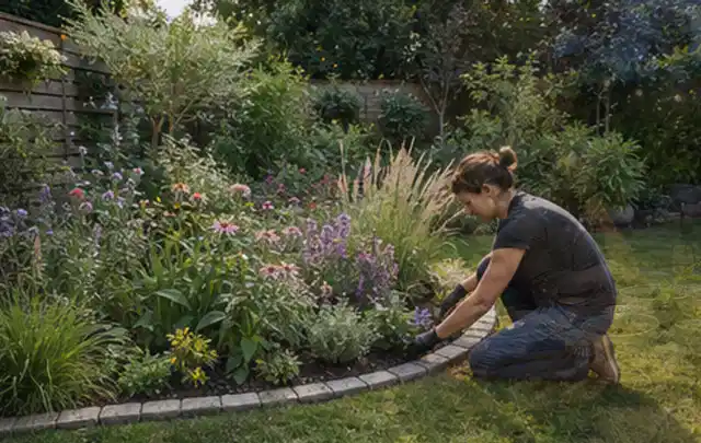 Person pflegt die klare Kante eines geschwungenen blühenden Staudenbeets; Thema Garten am Neubau, Schwerpunkt Anleitung; Ergebnis.