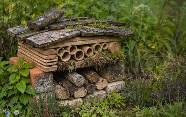 Naturnaher Unterschlupf aus Holz Rinde und Pflanzenstängeln im Garten; Thema Garten am Neubau, Schwerpunkt Beleuchtung; Umsetzung.