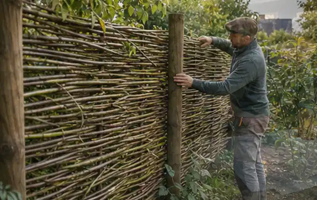 Person befestigt geflochtene Weidenruten an stabilen Holzpfosten im Garten; Thema Garten am Neubau, Schwerpunkt Beleuchtung; Kontrolle.