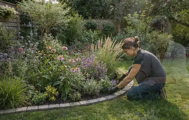 Person pflegt die klare Kante eines geschwungenen blühenden Staudenbeets; Thema Garten am Neubau, Schwerpunkt Beleuchtung; Praxisalltag.
