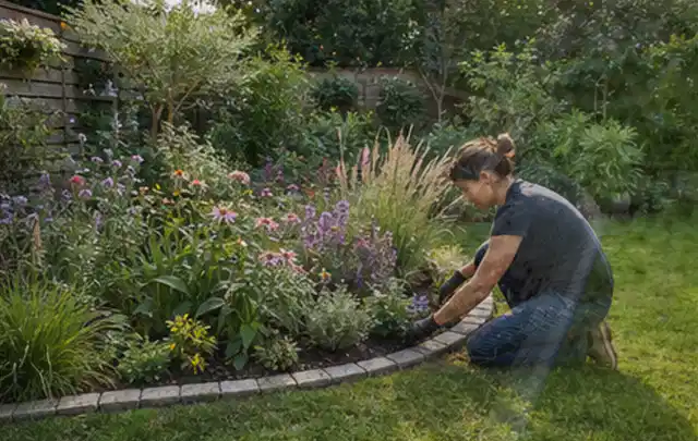 Person pflegt die klare Kante eines geschwungenen blühenden Staudenbeets; Thema Garten am Neubau, Schwerpunkt Bepflanzung; Ausgangslage.