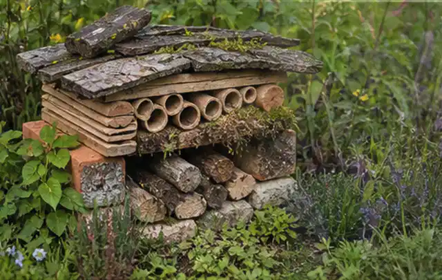Naturnaher Unterschlupf aus Holz Rinde und Pflanzenstängeln im Garten; Thema Garten am Neubau, Schwerpunkt Bepflanzung; Kontrolle.