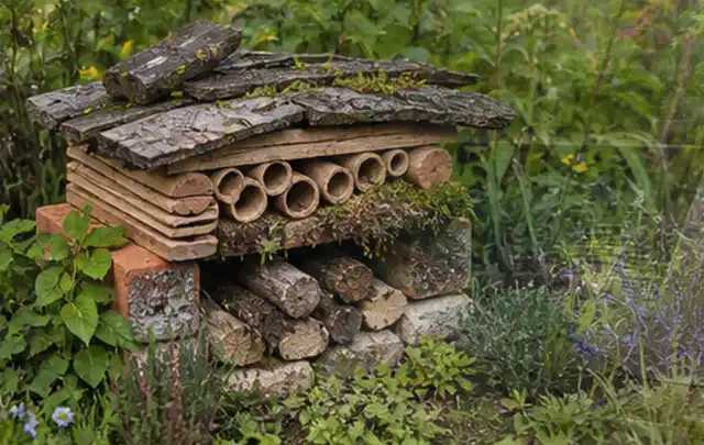 Naturnaher Unterschlupf aus Holz Rinde und Pflanzenstängeln im Garten; Thema Garten am Neubau, Schwerpunkt Checkliste; Ausgangslage.