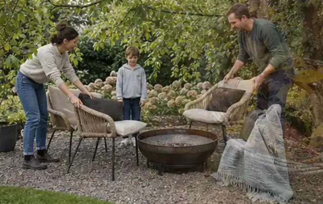 Familie stellt wetterfeste Sessel an einem geschützten Sitzplatz im Garten auf; Thema Garten am Neubau, Schwerpunkt Checkliste; Umsetzung.
