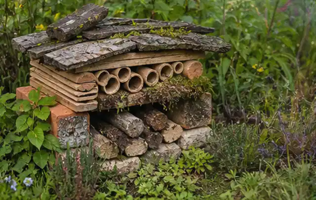Naturnaher Unterschlupf aus Holz Rinde und Pflanzenstängeln im Garten; Thema Garten am Neubau, Schwerpunkt Fehlerhilfe; Ausgangslage.