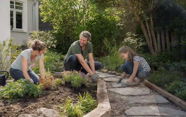 Familie geht auf einem Weg durch einen abwechslungsreich gestalteten Garten; Thema Garten am Neubau, Schwerpunkt mit kleiner Fläche; Ausgangslage.