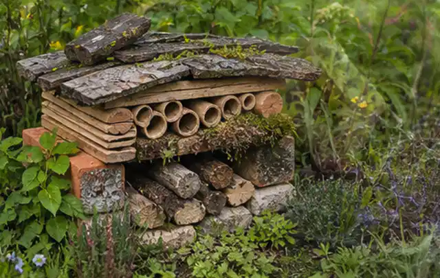 Naturnaher Unterschlupf aus Holz Rinde und Pflanzenstängeln im Garten; Thema Garten am Neubau, Schwerpunkt mit kleiner Fläche; Umsetzung.