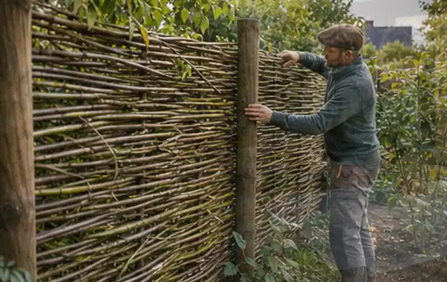 Person befestigt geflochtene Weidenruten an stabilen Holzpfosten im Garten; Thema Garten am Neubau, Schwerpunkt mit kleiner Fläche; Kontrolle.