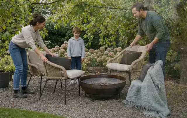 Familie stellt wetterfeste Sessel an einem geschützten Sitzplatz im Garten auf; Thema Garten am Neubau, Schwerpunkt Hanglage; Umsetzung.