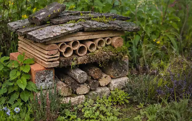 Naturnaher Unterschlupf aus Holz Rinde und Pflanzenstängeln im Garten; Thema Garten am Neubau, Schwerpunkt Hanglage; Kontrolle.