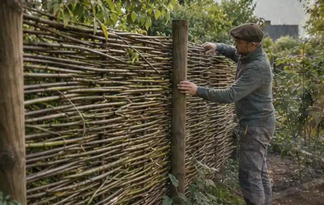 Person befestigt geflochtene Weidenruten an stabilen Holzpfosten im Garten; Thema Garten am Neubau, Schwerpunkt Hanglage; Ergebnis.
