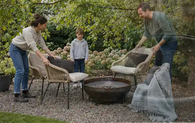 Familie stellt wetterfeste Sessel an einem geschützten Sitzplatz im Garten auf; Thema Garten am Neubau, Schwerpunkt Inspiration; Ausgangslage.