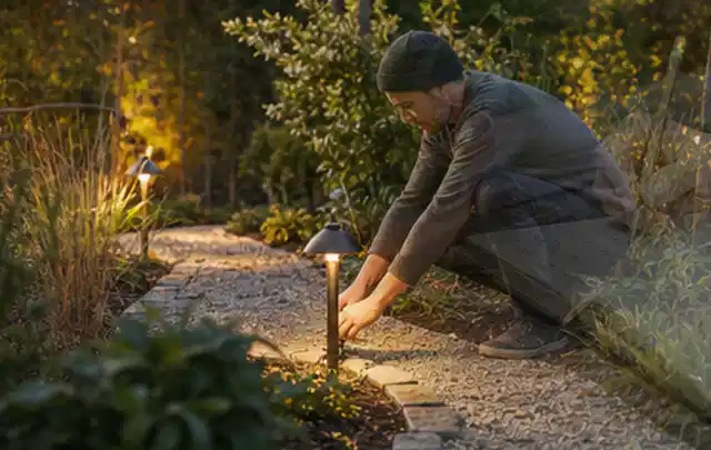 Person richtet eine niedrige warm leuchtende Gartenlampe am Kiesweg aus; Thema Garten am Neubau, Schwerpunkt Inspiration; Ergebnis.