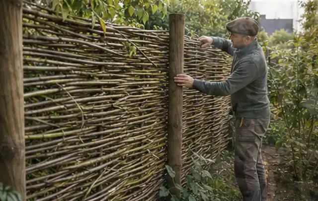 Person befestigt geflochtene Weidenruten an stabilen Holzpfosten im Garten; Thema Garten am Neubau, Schwerpunkt Inspiration; Praxisalltag.