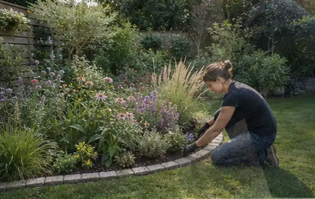 Person pflegt die klare Kante eines geschwungenen blühenden Staudenbeets; Thema Garten am Neubau, Schwerpunkt Kosten; Ausgangslage.