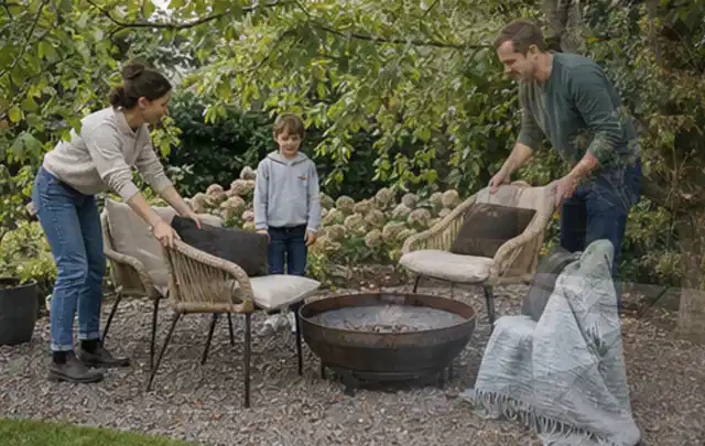 Familie stellt wetterfeste Sessel an einem geschützten Sitzplatz im Garten auf; Thema Garten am Neubau, Schwerpunkt Kosten; Umsetzung.
