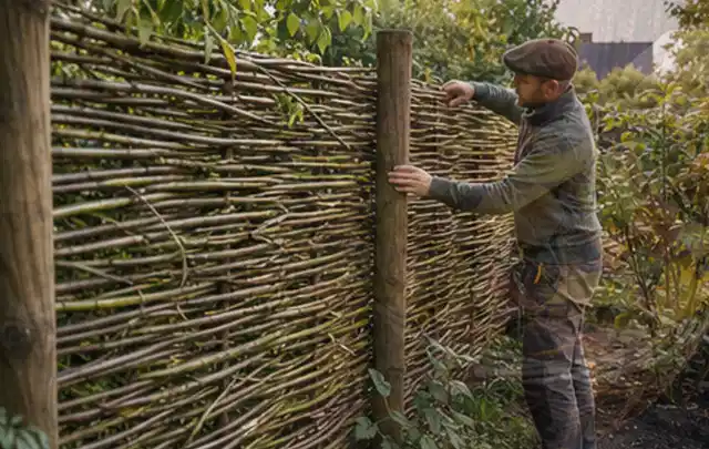 Person befestigt geflochtene Weidenruten an stabilen Holzpfosten im Garten; Thema Garten am Neubau, Schwerpunkt Kosten; Ergebnis.