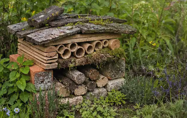 Naturnaher Unterschlupf aus Holz Rinde und Pflanzenstängeln im Garten; Thema Garten am Neubau, Schwerpunkt Materialwahl; Umsetzung.
