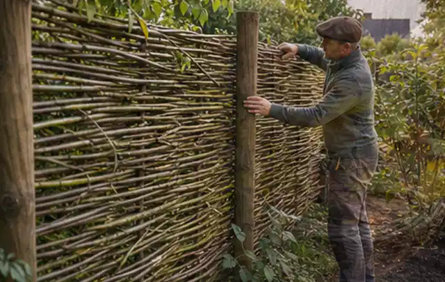 Person befestigt geflochtene Weidenruten an stabilen Holzpfosten im Garten; Thema Garten am Neubau, Schwerpunkt Materialwahl; Kontrolle.
