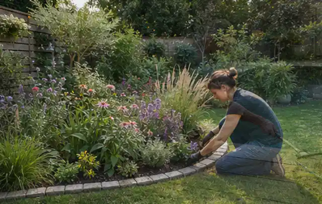 Person pflegt die klare Kante eines geschwungenen blühenden Staudenbeets; Thema Garten am Neubau, Schwerpunkt Materialwahl; Praxisalltag.