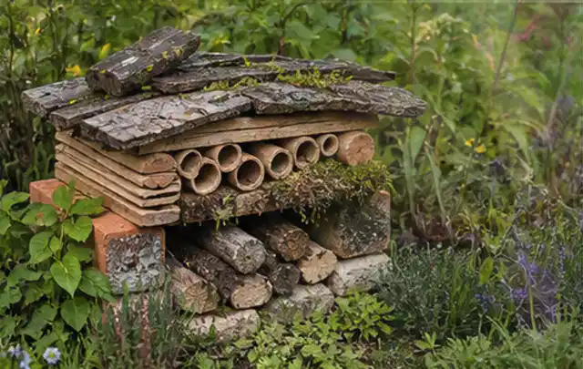 Naturnaher Unterschlupf aus Holz Rinde und Pflanzenstängeln im Garten; Thema Garten am Neubau, Schwerpunkt Naturgarten; Umsetzung.