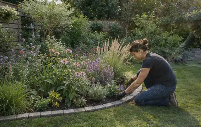 Person pflegt die klare Kante eines geschwungenen blühenden Staudenbeets; Thema Garten am Neubau, Schwerpunkt Naturgarten; Praxisalltag.