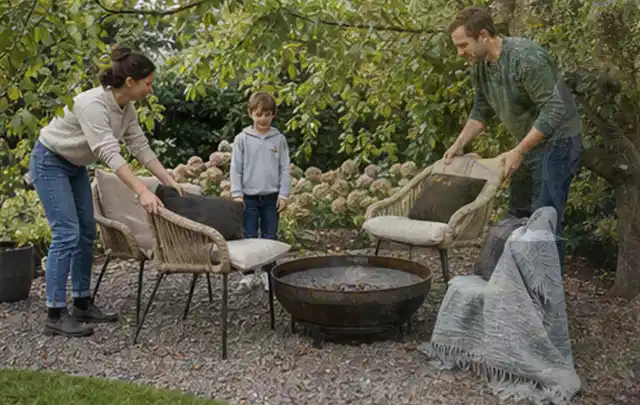 Familie stellt wetterfeste Sessel an einem geschützten Sitzplatz im Garten auf; Thema Garten am Neubau, Schwerpunkt Pflegeleichtigkeit; Ausgangslage.