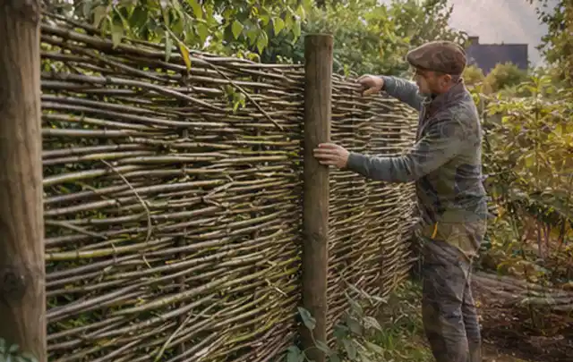 Person befestigt geflochtene Weidenruten an stabilen Holzpfosten im Garten; Thema Garten am Neubau, Schwerpunkt Pflegeleichtigkeit; Praxisalltag.