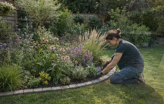 Person pflegt die klare Kante eines geschwungenen blühenden Staudenbeets; Thema Garten am Neubau, Schwerpunkt Planung; Umsetzung.