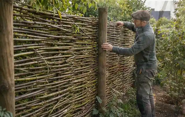 Person befestigt geflochtene Weidenruten an stabilen Holzpfosten im Garten; Thema Garten am Neubau, Schwerpunkt Planung; Kontrolle.