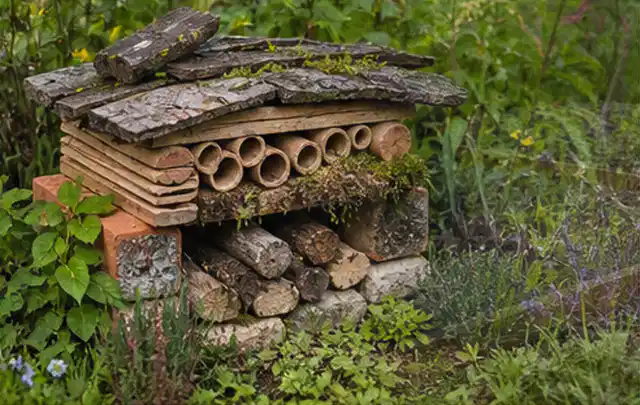 Naturnaher Unterschlupf aus Holz Rinde und Pflanzenstängeln im Garten; Thema Garten am Neubau, Schwerpunkt Planung; Ergebnis.