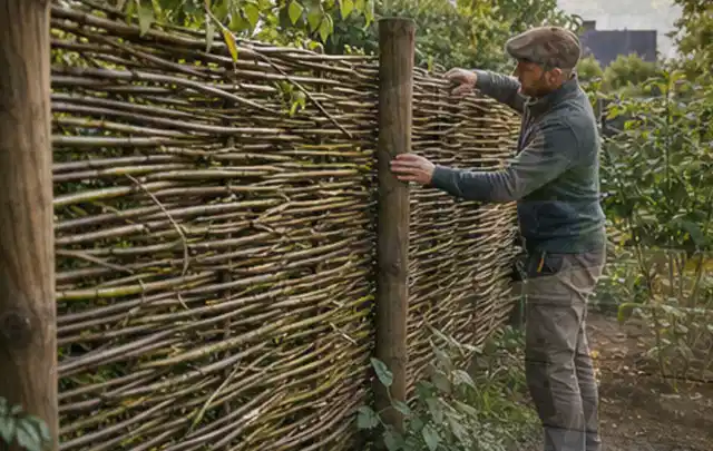 Person befestigt geflochtene Weidenruten an stabilen Holzpfosten im Garten; Thema Garten am Neubau, Schwerpunkt Praxisbeispiele; Ausgangslage.