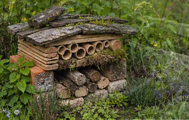 Naturnaher Unterschlupf aus Holz Rinde und Pflanzenstängeln im Garten; Thema Garten am Neubau, Schwerpunkt Praxisbeispiele; Kontrolle.