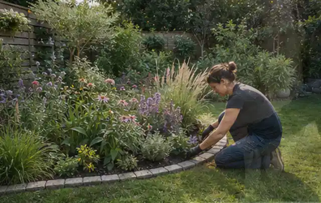 Person pflegt die klare Kante eines geschwungenen blühenden Staudenbeets; Thema Garten am Neubau, Schwerpunkt Praxisbeispiele; Ergebnis.