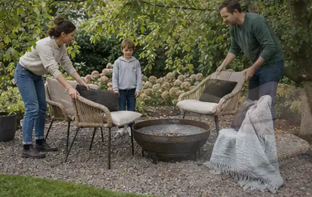 Familie stellt wetterfeste Sessel an einem geschützten Sitzplatz im Garten auf; Thema Garten am Neubau, Schwerpunkt Praxisbeispiele; Praxisalltag.