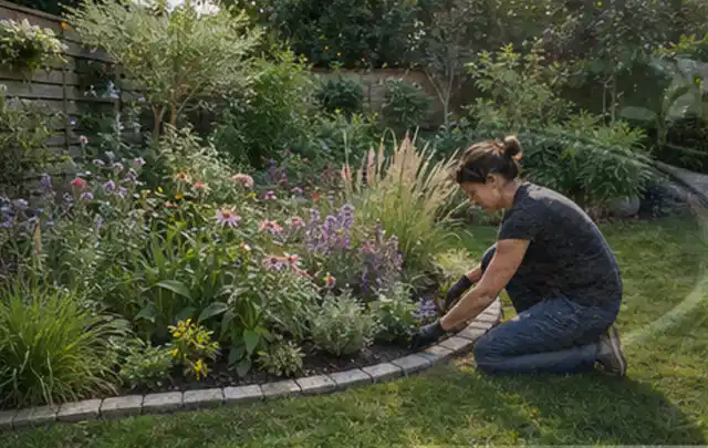 Person pflegt die klare Kante eines geschwungenen blühenden Staudenbeets; Thema Garten am Neubau, Schwerpunkt Privatsphäre; Ausgangslage.