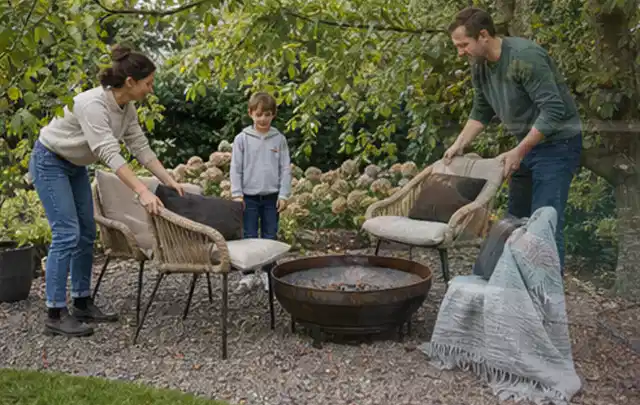 Familie stellt wetterfeste Sessel an einem geschützten Sitzplatz im Garten auf; Thema Garten am Neubau, Schwerpunkt Privatsphäre; Umsetzung.