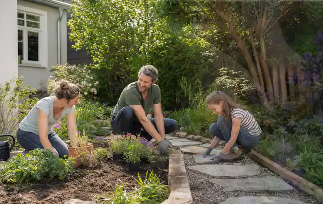 Familie geht auf einem Weg durch einen abwechslungsreich gestalteten Garten; Thema Garten am Neubau, Schwerpunkt Privatsphäre; Ergebnis.