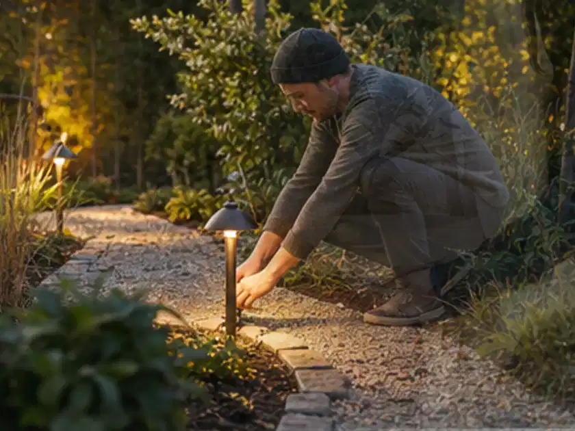 Person richtet eine niedrige warm leuchtende Gartenlampe am Kiesweg aus; Thema Garten am Neubau, Schwerpunkt Wegeführung; Titelbild.