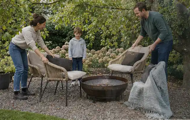 Familie stellt wetterfeste Sessel an einem geschützten Sitzplatz im Garten auf; Thema Garten am Neubau, Schwerpunkt Wegeführung; Ausgangslage.