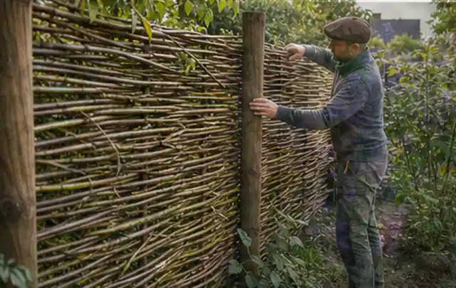 Person befestigt geflochtene Weidenruten an stabilen Holzpfosten im Garten; Thema Garten am Neubau, Schwerpunkt Wegeführung; Umsetzung.