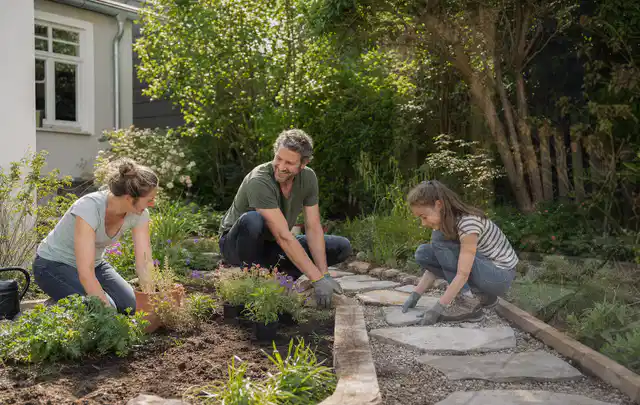 Familie geht auf einem Weg durch einen abwechslungsreich gestalteten Garten; Thema Garten am Neubau, Schwerpunkt Wegeführung; Kontrolle.