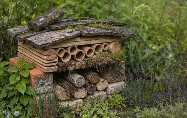 Naturnaher Unterschlupf aus Holz Rinde und Pflanzenstängeln im Garten; Thema Garten am Neubau, Schwerpunkt Wegeführung; Praxisalltag.