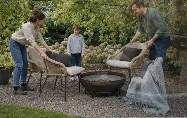 Familie stellt wetterfeste Sessel an einem geschützten Sitzplatz im Garten auf; Thema Garten gestalten, Schwerpunkt Themenwelt; Ausgangslage.