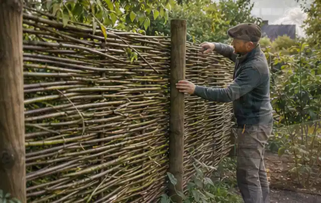 Person befestigt geflochtene Weidenruten an stabilen Holzpfosten im Garten; Thema Garten gestalten, Schwerpunkt Themenwelt; Umsetzung.