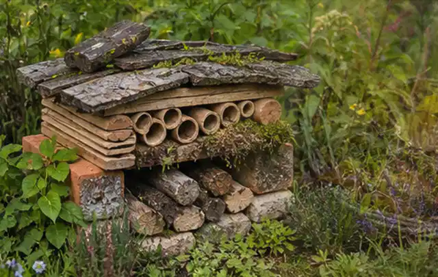 Naturnaher Unterschlupf aus Holz Rinde und Pflanzenstängeln im Garten; Thema Garten gestalten, Schwerpunkt Themenwelt; Kontrolle.
