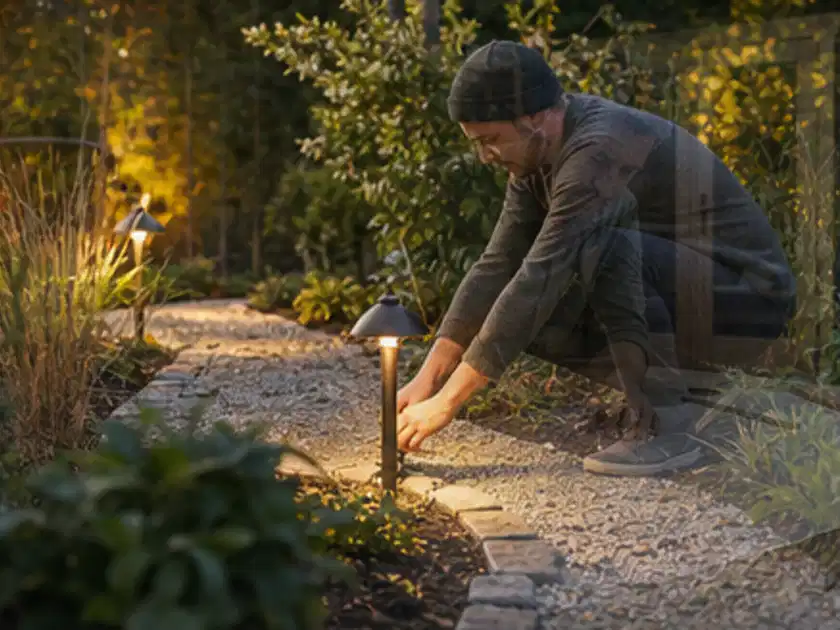 Person richtet eine niedrige warm leuchtende Gartenlampe am Kiesweg aus; Thema Gartenbeleuchtung, Schwerpunkt Anwendung; Titelbild.