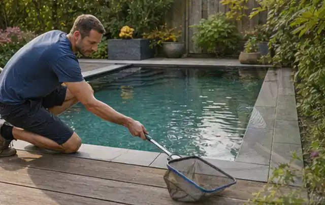 Person entfernt Blätter mit einem Kescher aus einem kleinen Gartenpool; Thema Gartenbeleuchtung, Schwerpunkt Anwendung; Kontrolle.