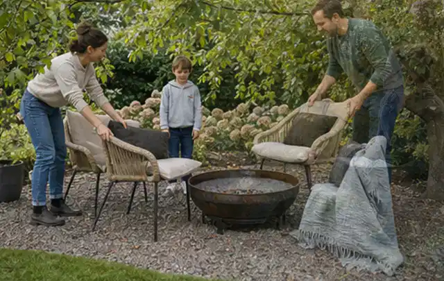 Familie stellt wetterfeste Sessel an einem geschützten Sitzplatz im Garten auf; Thema Gartenbeleuchtung, Schwerpunkt Anwendung; Ergebnis.